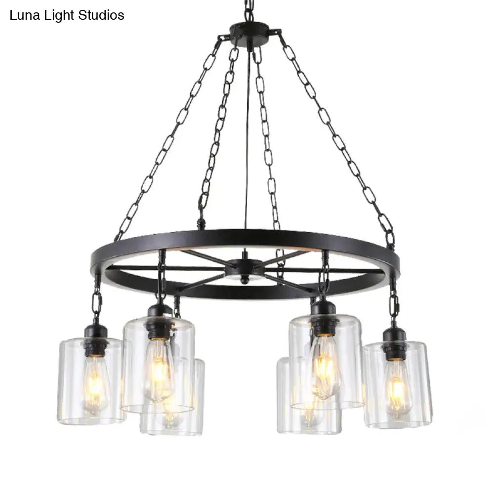 Industrial Clear Glass Cylinder Dining Room Ceiling Chandelier With Chain - Black Hanging Fixture