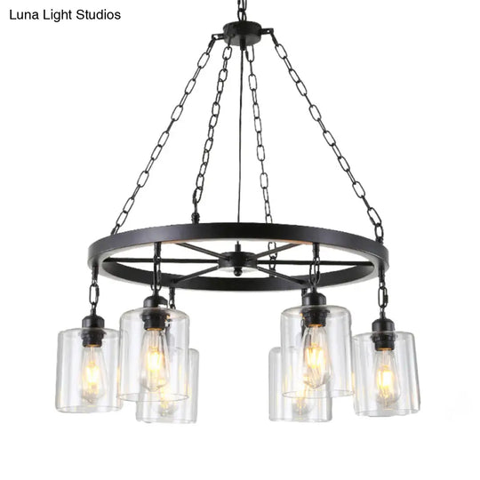 Industrial Clear Glass Cylinder Dining Room Ceiling Chandelier With Chain - Black Hanging Fixture