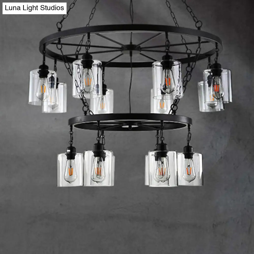 Industrial Clear Glass Cylinder Dining Room Ceiling Chandelier With Chain - Black Hanging Fixture