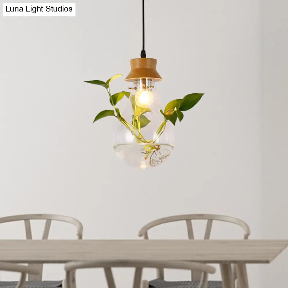 Industrial Clear Glass Dining Room Pendant Light Kit With Exposed Bulb And Wood Cap