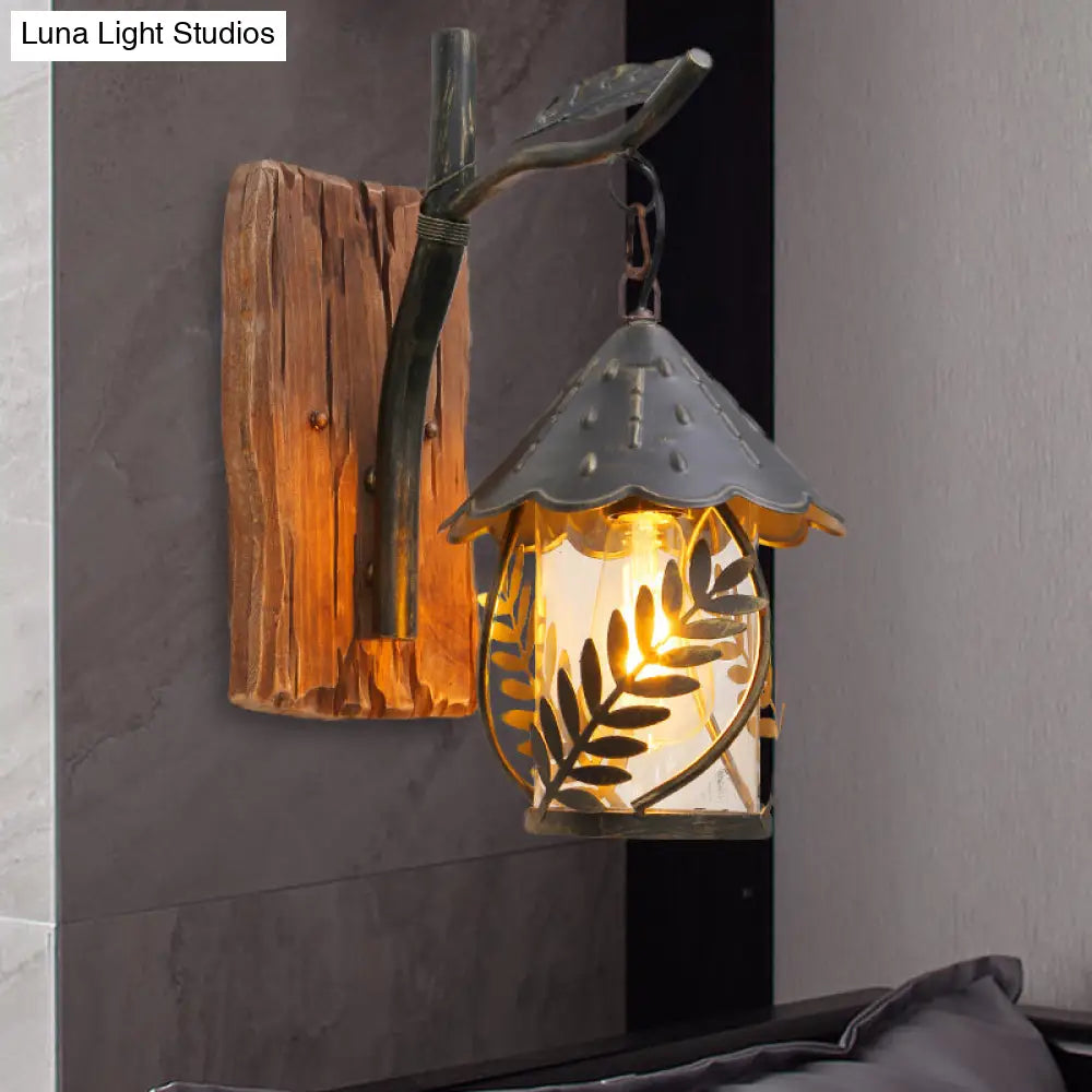 Industrial Clear Glass/Fabric Black Sconce Light With 1-Light Cylinder Leaf And Wood Backplate