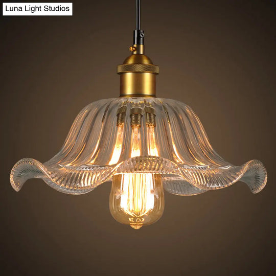 Industrial Clear Glass Flower Pendant Light Fixture For Dining Room - 1 Bulb Suspension Lamp