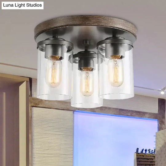Clear Glass Cylinder Ceiling Light With Industrial Bronze Finish - 3 Bulbs For Living Room
