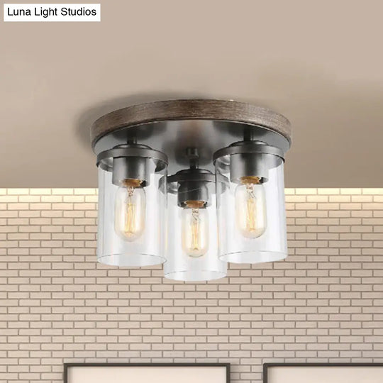 Clear Glass Cylinder Ceiling Light With Industrial Bronze Finish - 3 Bulbs For Living Room