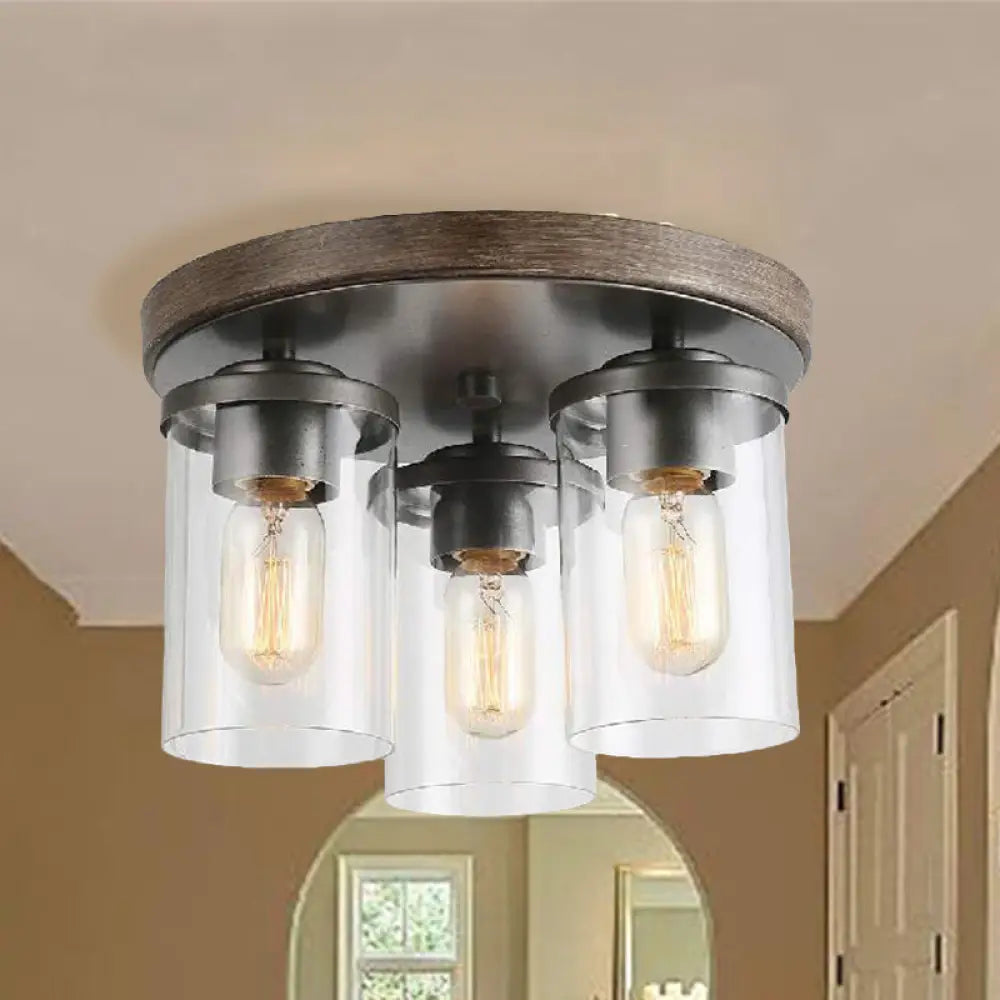 Industrial Clear Glass Flush Ceiling Light With 3 Bulbs - Bronze Finish Ideal For Living Room