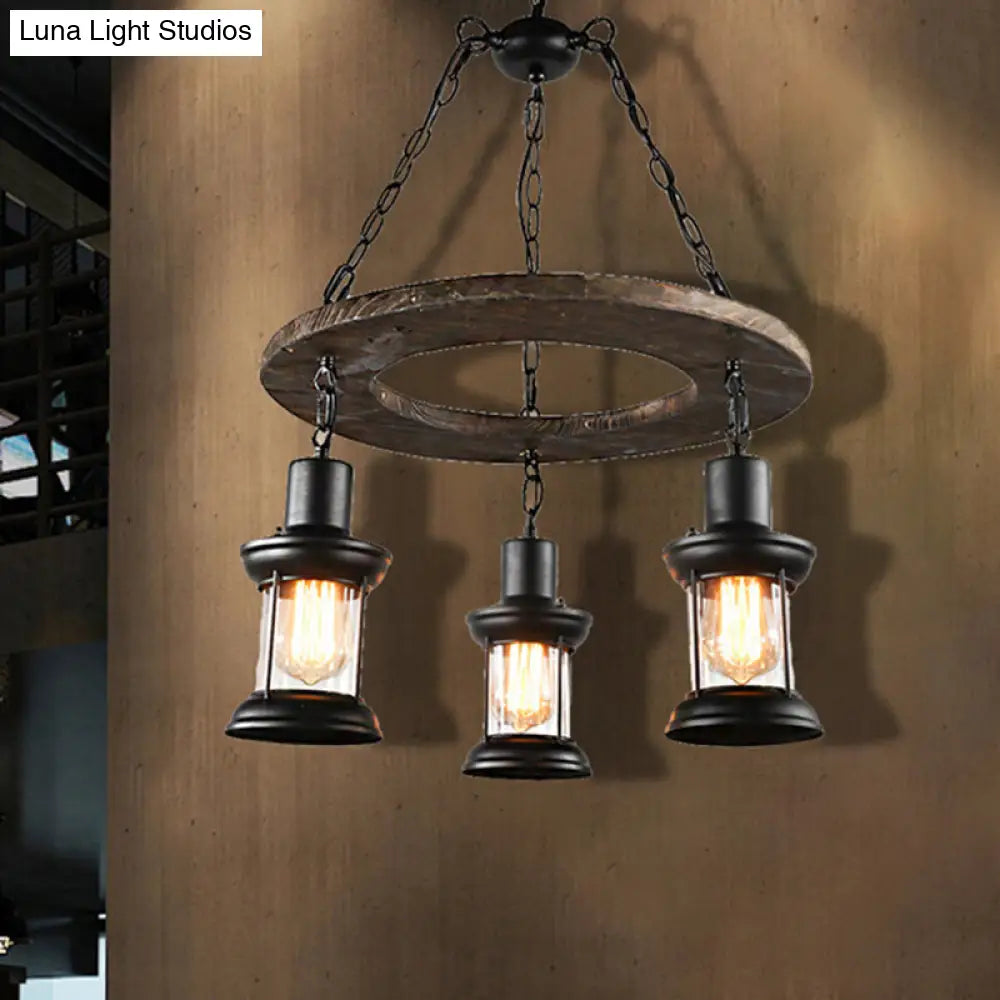 Industrial Clear Glass Ceiling Lamp With Lantern Shade - Black Pendant Light For Dining Room And