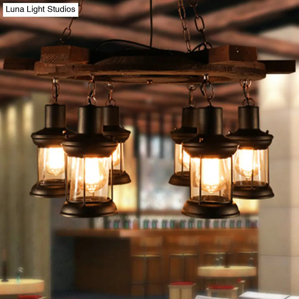 Industrial Clear Glass Ceiling Lamp With Lantern Shade - Black Pendant Light For Dining Room And