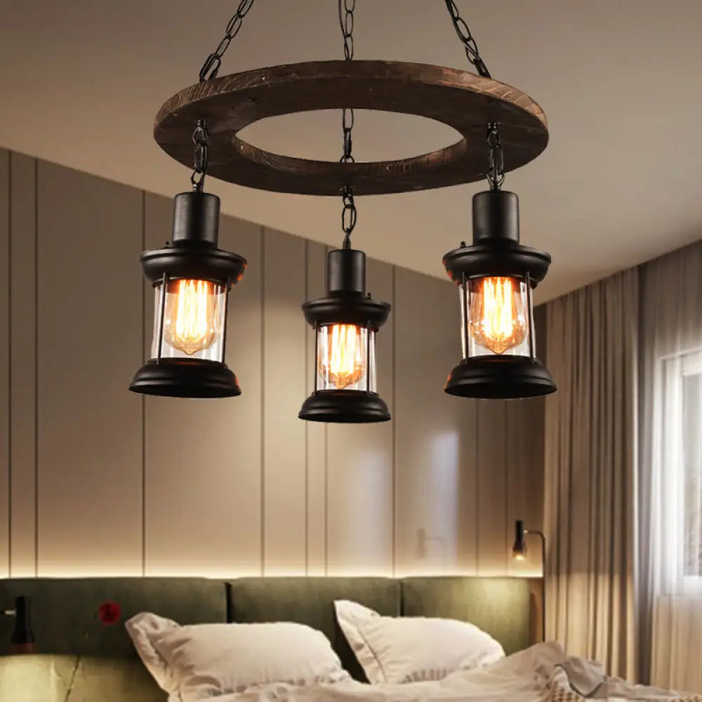 Industrial Clear Glass Lantern Shade Chandelier Pendant Light With 3/6 Bulbs For Dining Room