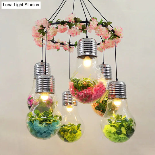 6-Head Industrial Cluster Pendant Light For Restaurants Black With Clear Glass Bulb Shape Led Flower