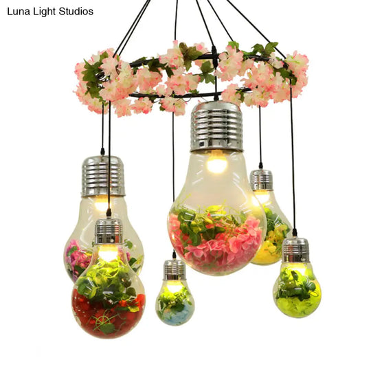 Industrial Clear Glass Led Cluster Pendant Light - Black 6 Heads Flower Suspension Ideal For