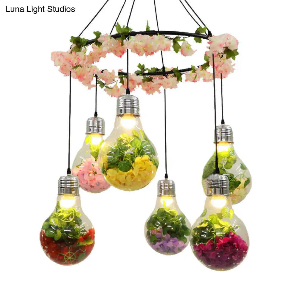 6-Head Industrial Cluster Pendant Light For Restaurants Black With Clear Glass Bulb Shape Led Flower