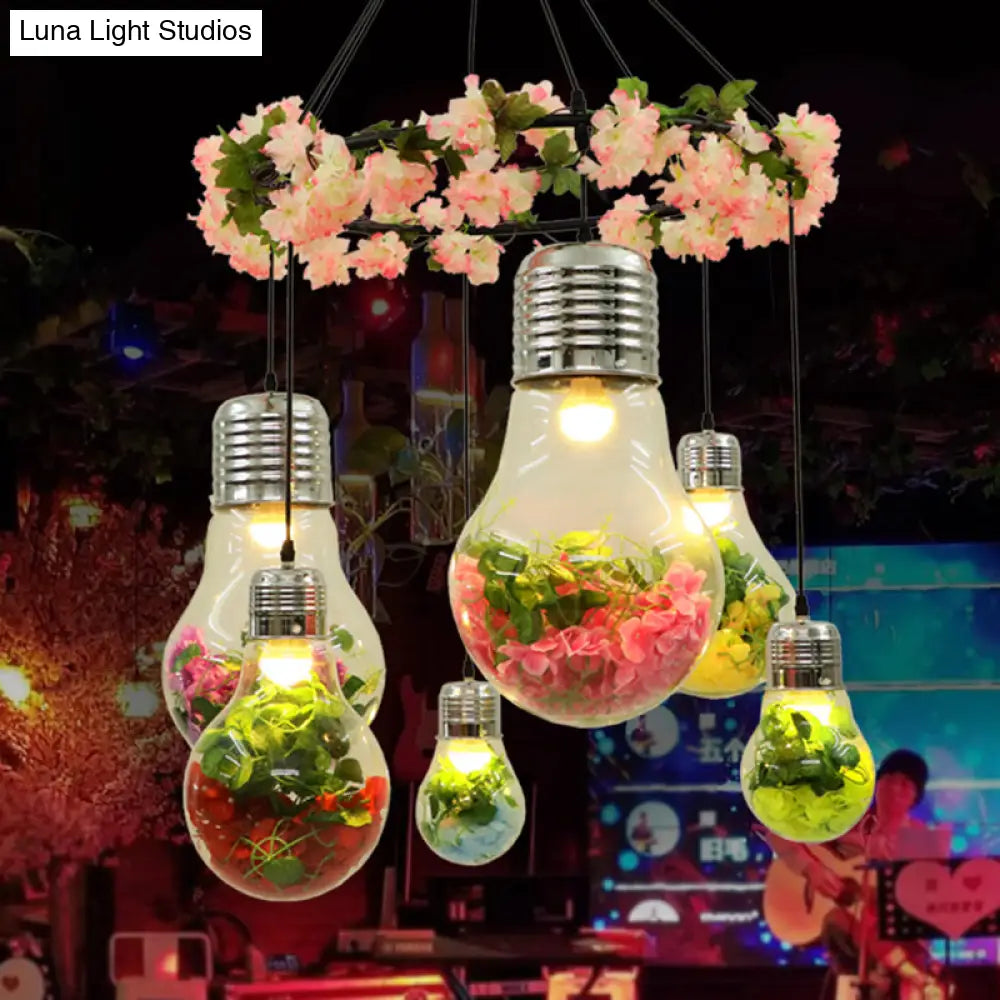 Industrial Clear Glass Led Cluster Pendant Light - Black 6 Heads Flower Suspension Ideal For