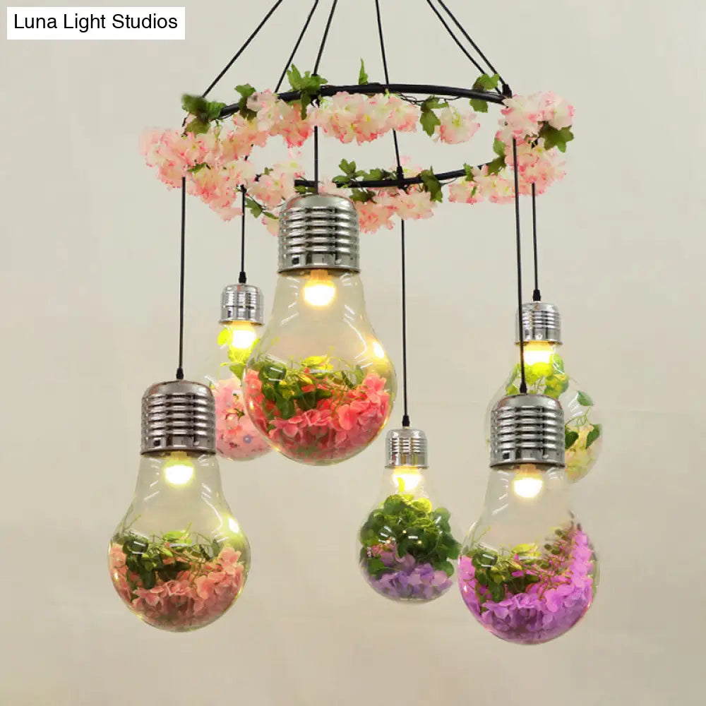 6-Head Industrial Cluster Pendant Light For Restaurants Black With Clear Glass Bulb Shape Led Flower