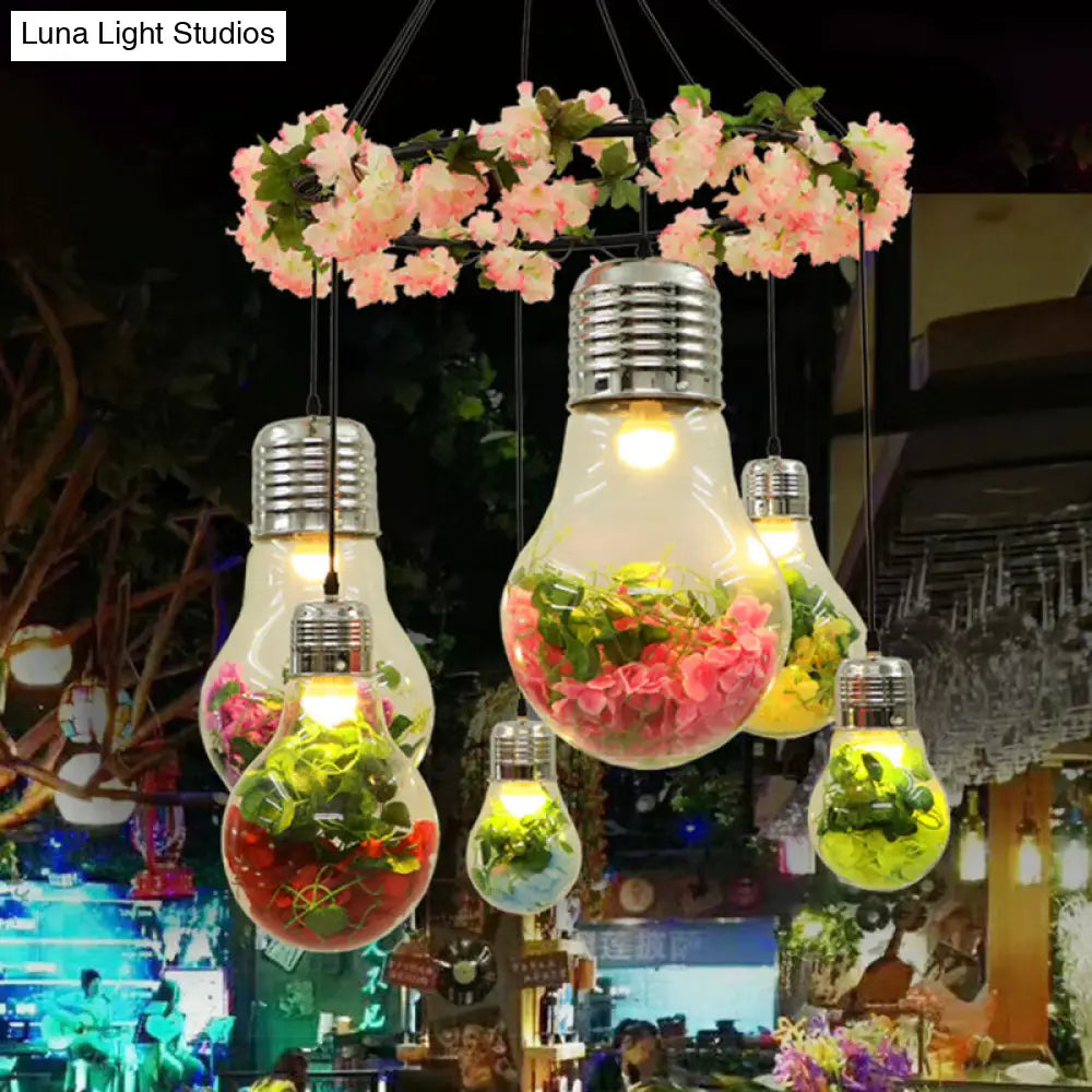 6-Head Industrial Cluster Pendant Light For Restaurants Black With Clear Glass Bulb Shape Led Flower