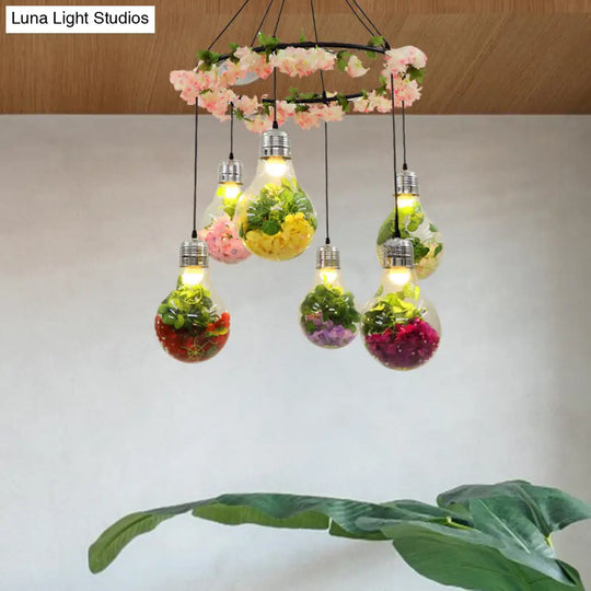 6-Head Industrial Cluster Pendant Light For Restaurants Black With Clear Glass Bulb Shape Led Flower