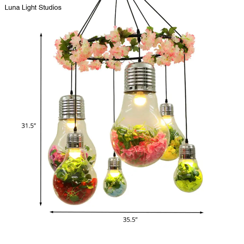 Industrial Clear Glass Led Cluster Pendant Light - Black 6 Heads Flower Suspension Ideal For