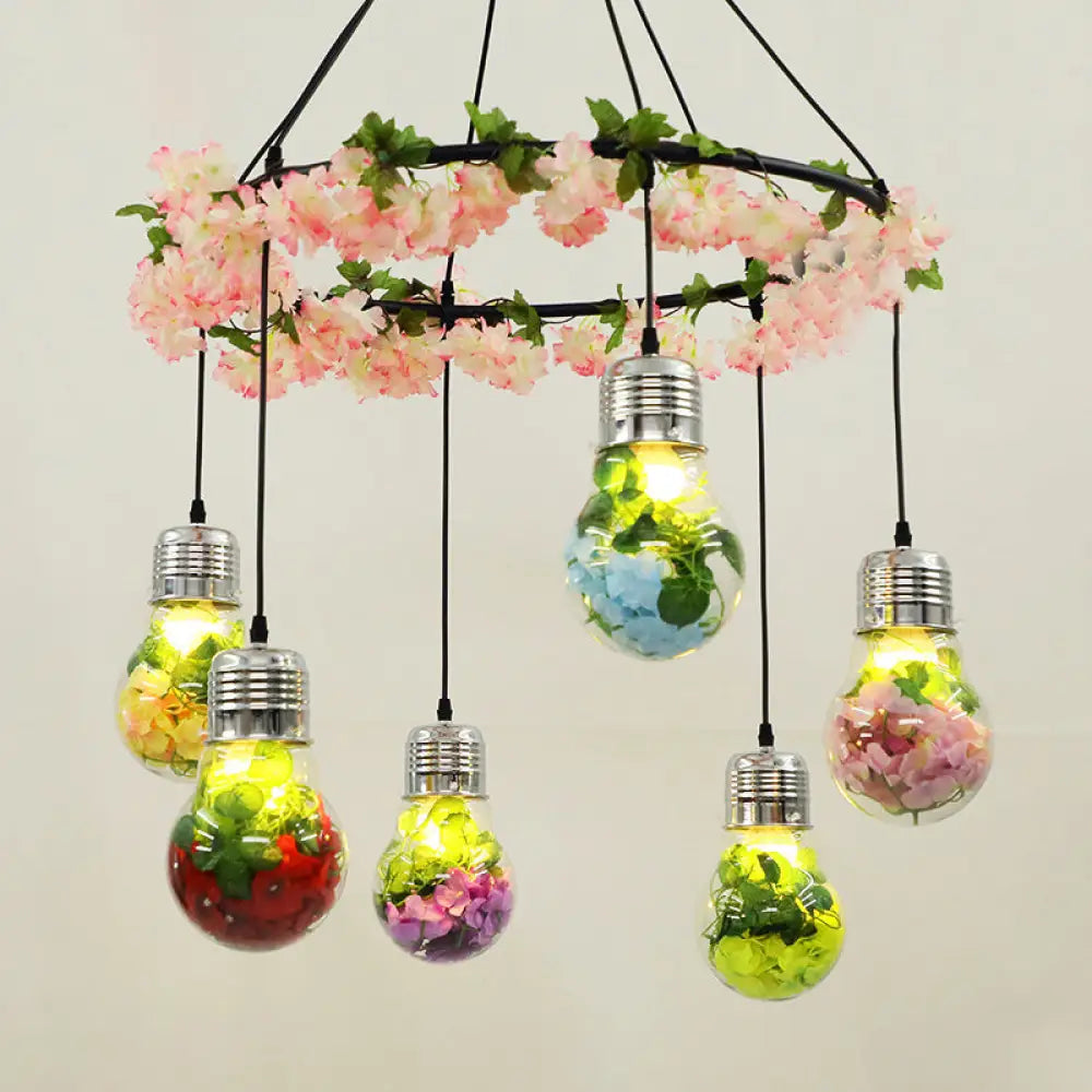 Industrial Clear Glass Led Cluster Pendant Light - Black 6 Heads Flower Suspension Ideal For