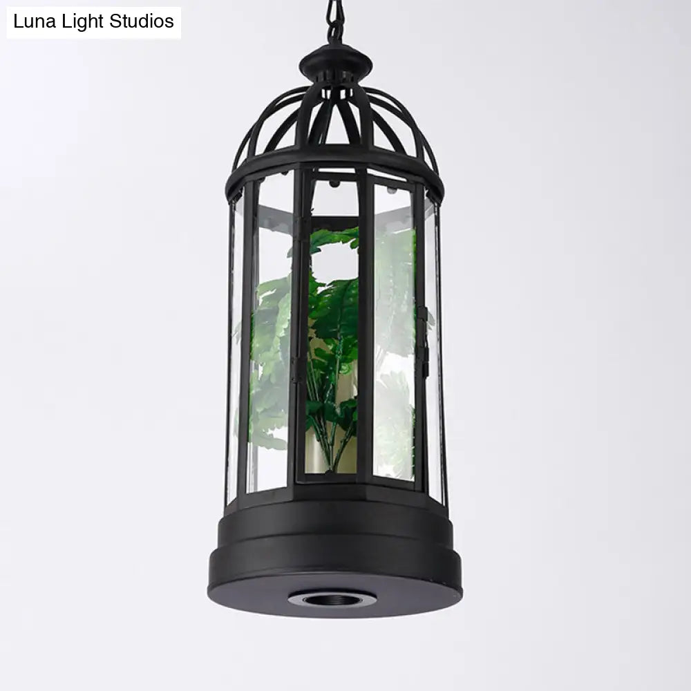 Industrial Clear Glass Pendant Ceiling Lamp - Black Elongated Single Drop For Restaurants With