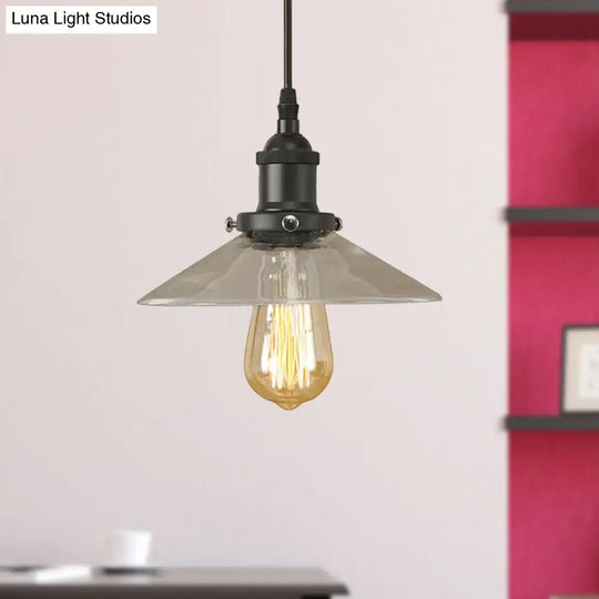 Industrial Cone Pendant Lamp With Clear Glass Shade - Rustic Black/Copper Accent For Living Room