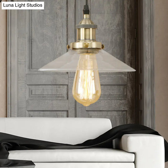 Industrial Cone Pendant Lamp With Clear Glass Shade - Rustic Black/Copper Accent For Living Room