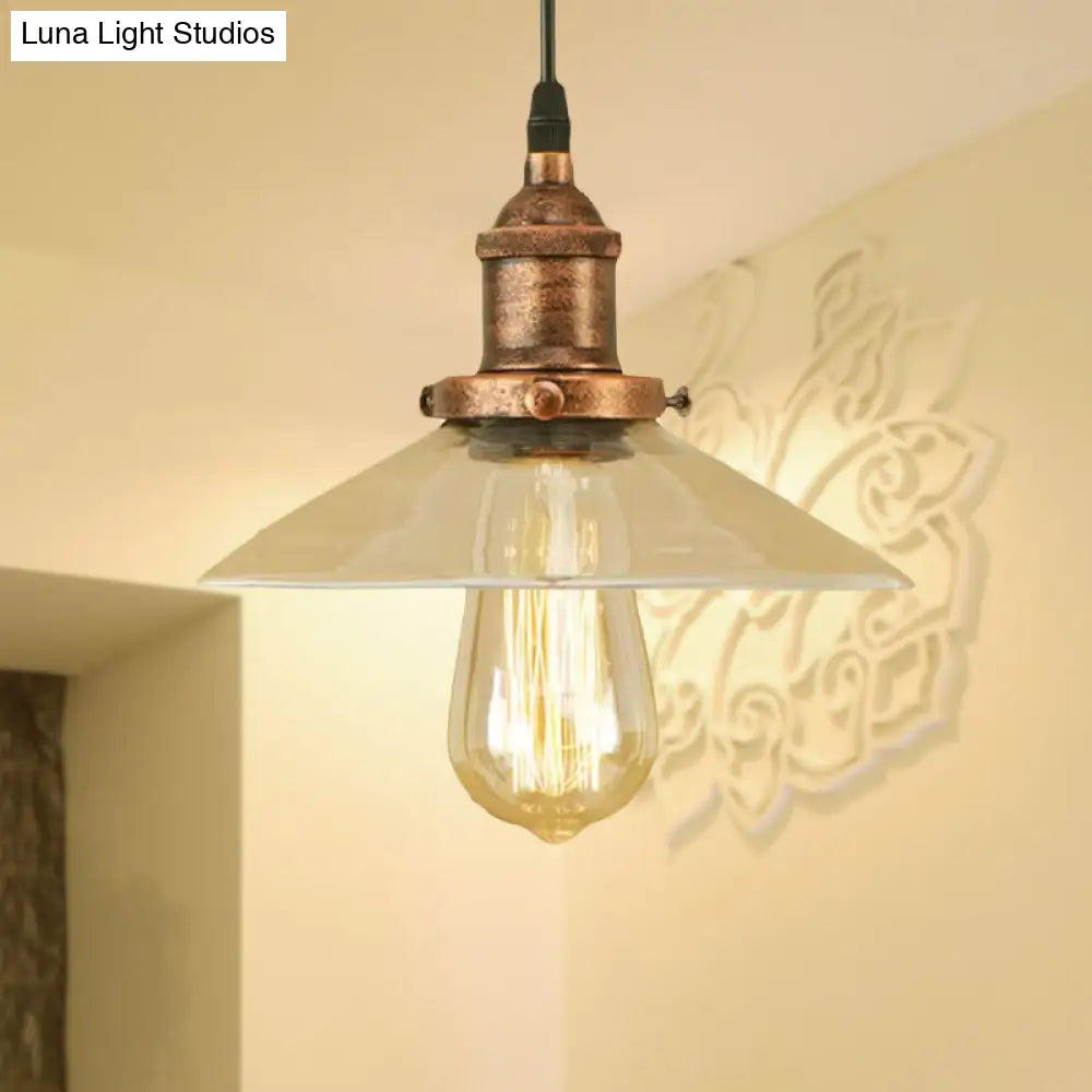 Industrial Clear Glass Pendant Lamp With Cone Shade - Black/Rust/Copper Finish Living Room Hanging