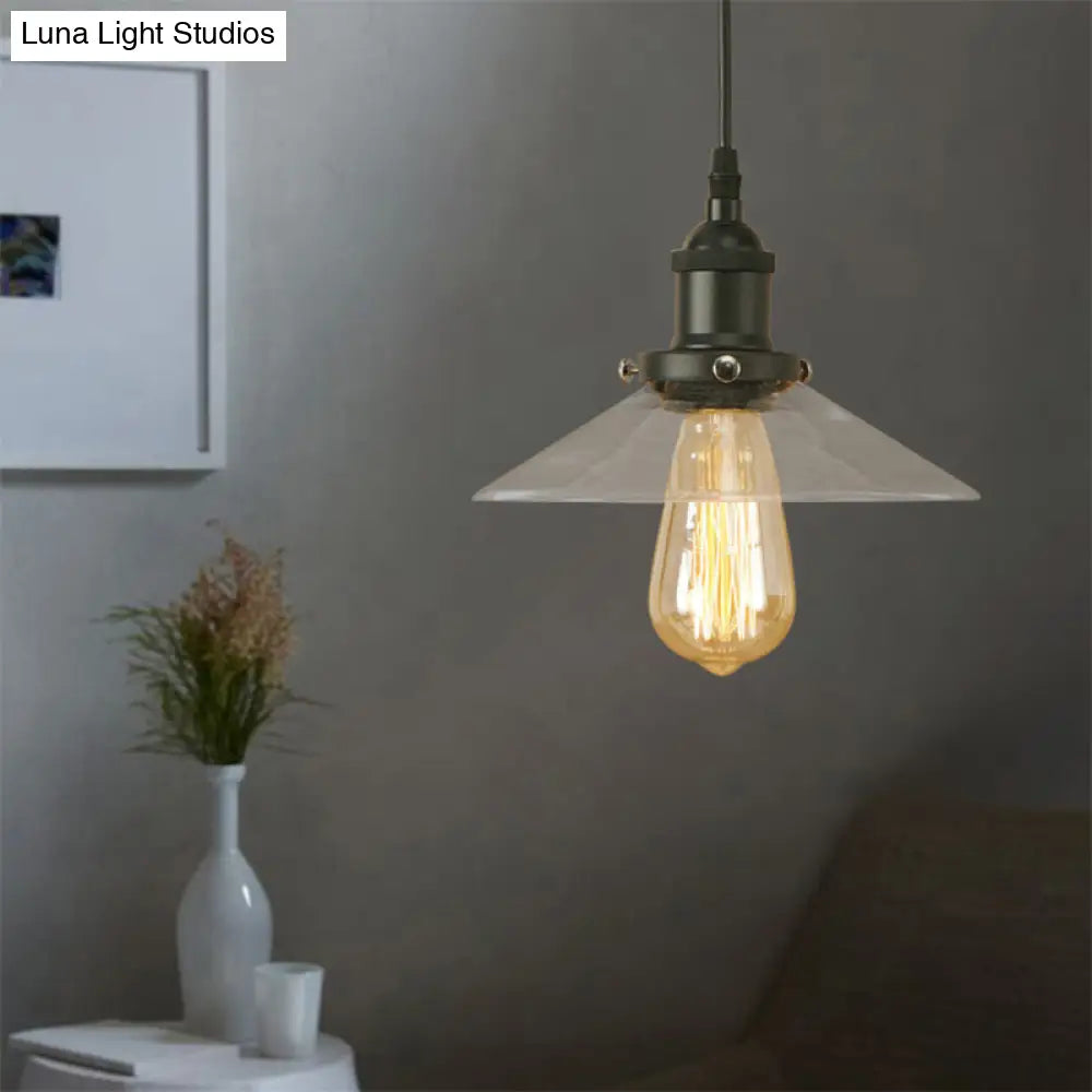 Industrial Cone Pendant Lamp With Clear Glass Shade - Rustic Black/Copper Accent For Living Room