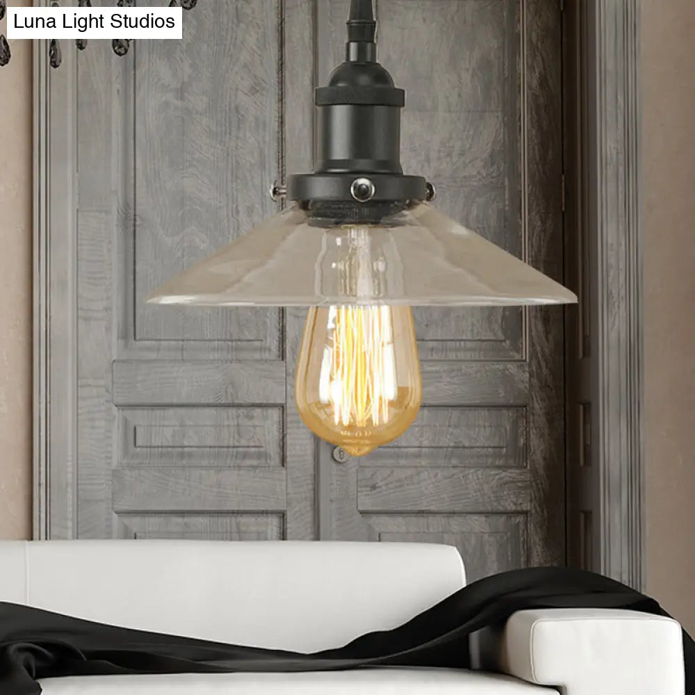 Industrial Cone Pendant Lamp With Clear Glass Shade - Rustic Black/Copper Accent For Living Room