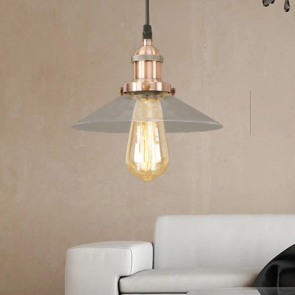 Industrial Clear Glass Pendant Lamp With Cone Shade - Black/Rust/Copper Finish Living Room Hanging