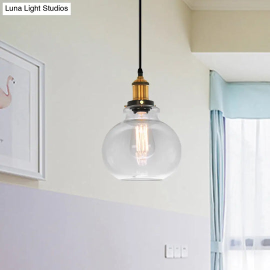 Industrial 1-Light Clear Glass Globe Pendant Light: 7.5 Width Brass Finish