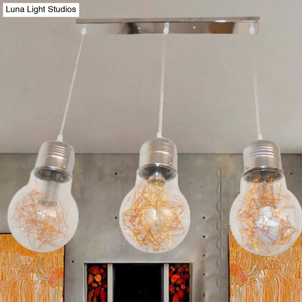 Industrial Clear Glass Pendant Light Fixture - 3-Light Bulb Shaped Hanging Lamp With Linear Canopy