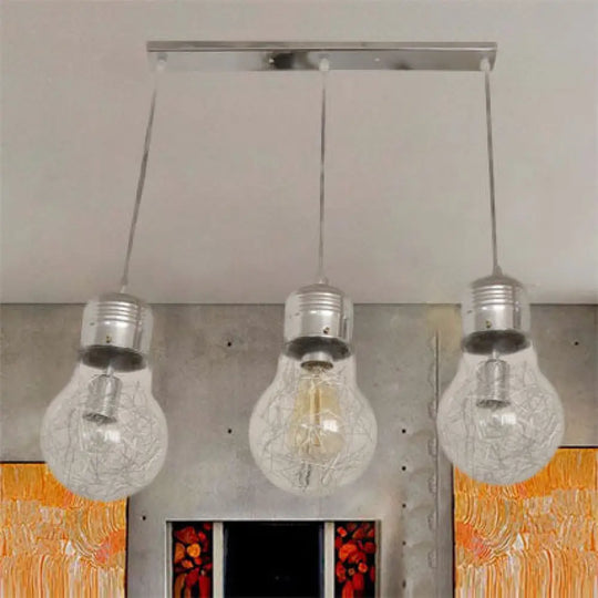 Industrial Clear Glass Pendant Light Fixture With 3 Bulb-Shaped Hanging Lamps