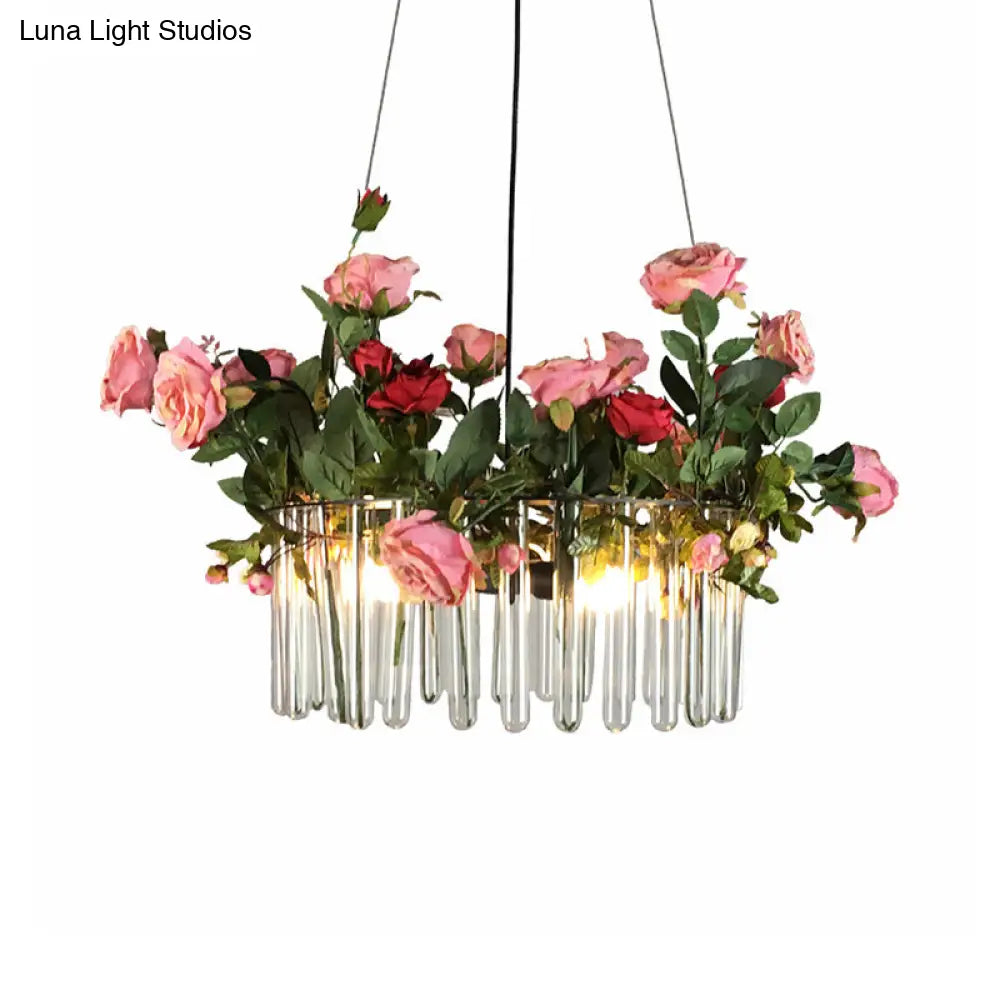 Industrial Clear Glass 3-Head Green Pendant Light With Artificial Rose Deco For Tube Restaurants