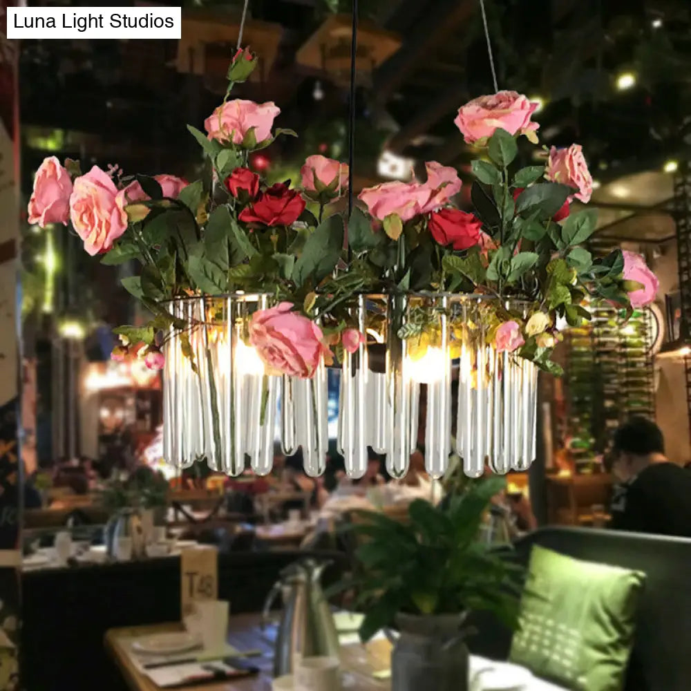 Industrial Clear Glass 3-Head Green Pendant Light With Artificial Rose Deco For Tube Restaurants