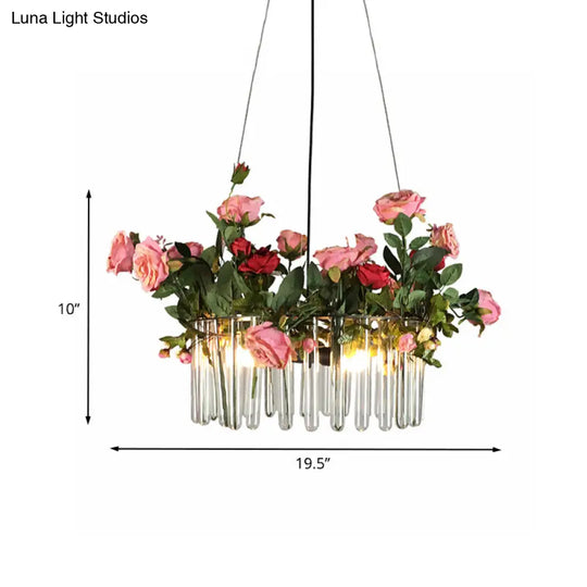 Industrial Clear Glass 3-Head Green Pendant Light With Artificial Rose Deco For Tube Restaurants