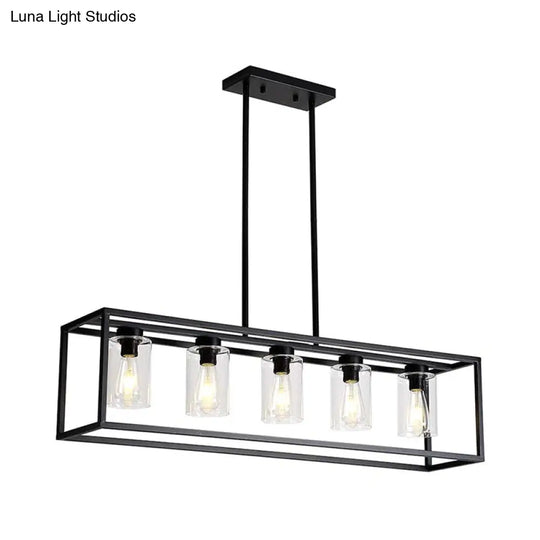 Industrial Clear Glass Pendant With Cylinder Shade 3/5 Lights Dinette Up/Down Island Lamp In Black