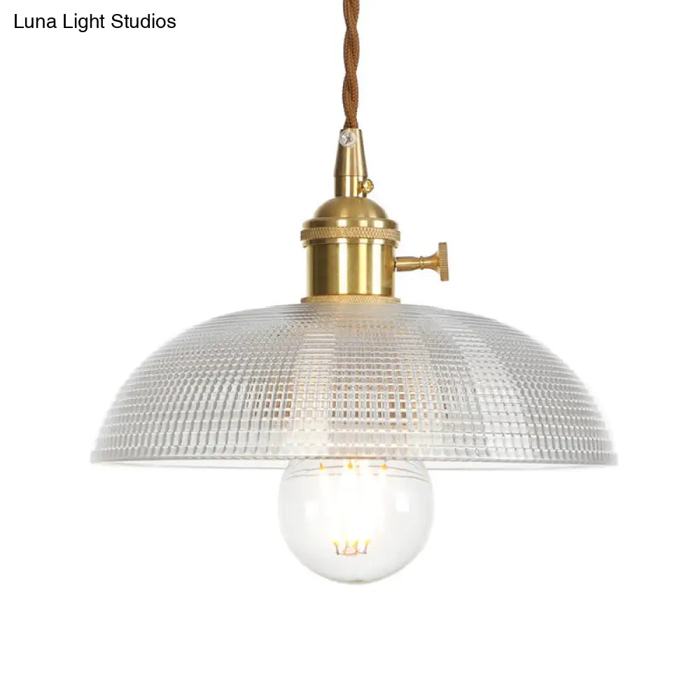 Industrial Clear Glass Saucer/Dome/Prismatic Brass Ceiling Pendant Light For Living Room