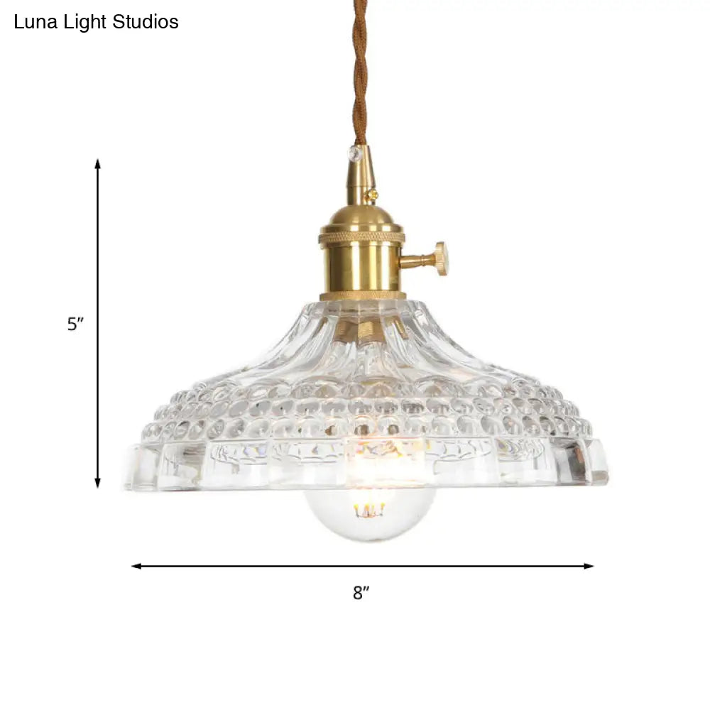 Industrial Clear Glass Saucer/Dome/Prismatic Brass Ceiling Pendant Light For Living Room