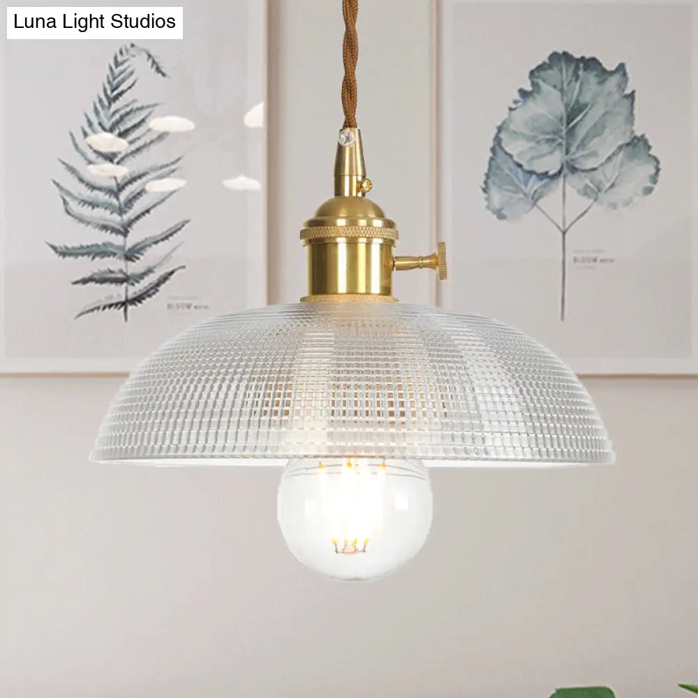 Industrial Clear Glass Saucer/Dome/Prismatic Brass Ceiling Pendant Light For Living Room