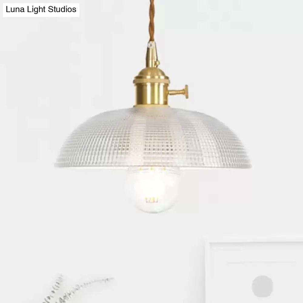 Industrial Clear Glass Saucer/Dome/Prismatic Brass Ceiling Pendant Light For Living Room