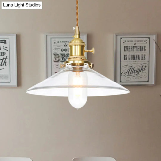 Industrial Clear Glass Saucer/Dome/Prismatic Brass Ceiling Pendant Light For Living Room