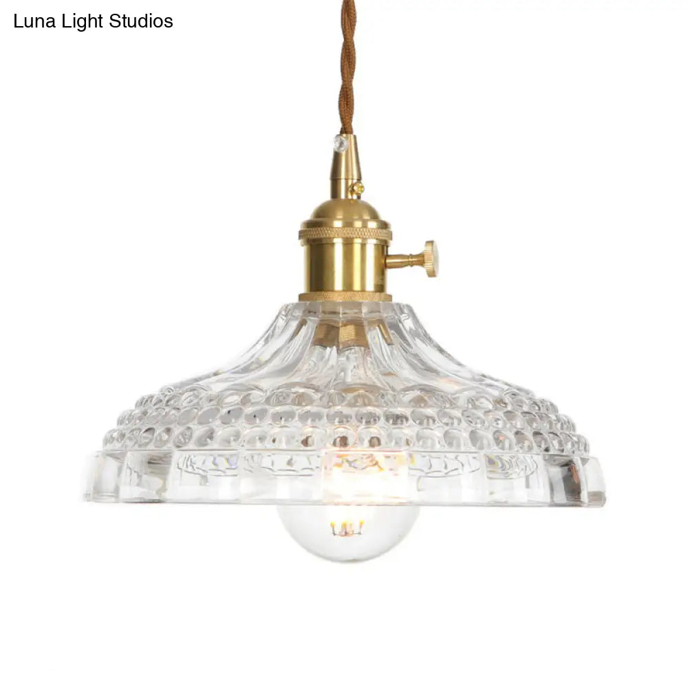 Industrial Clear Glass Saucer/Dome/Prismatic Brass Ceiling Pendant Light For Living Room