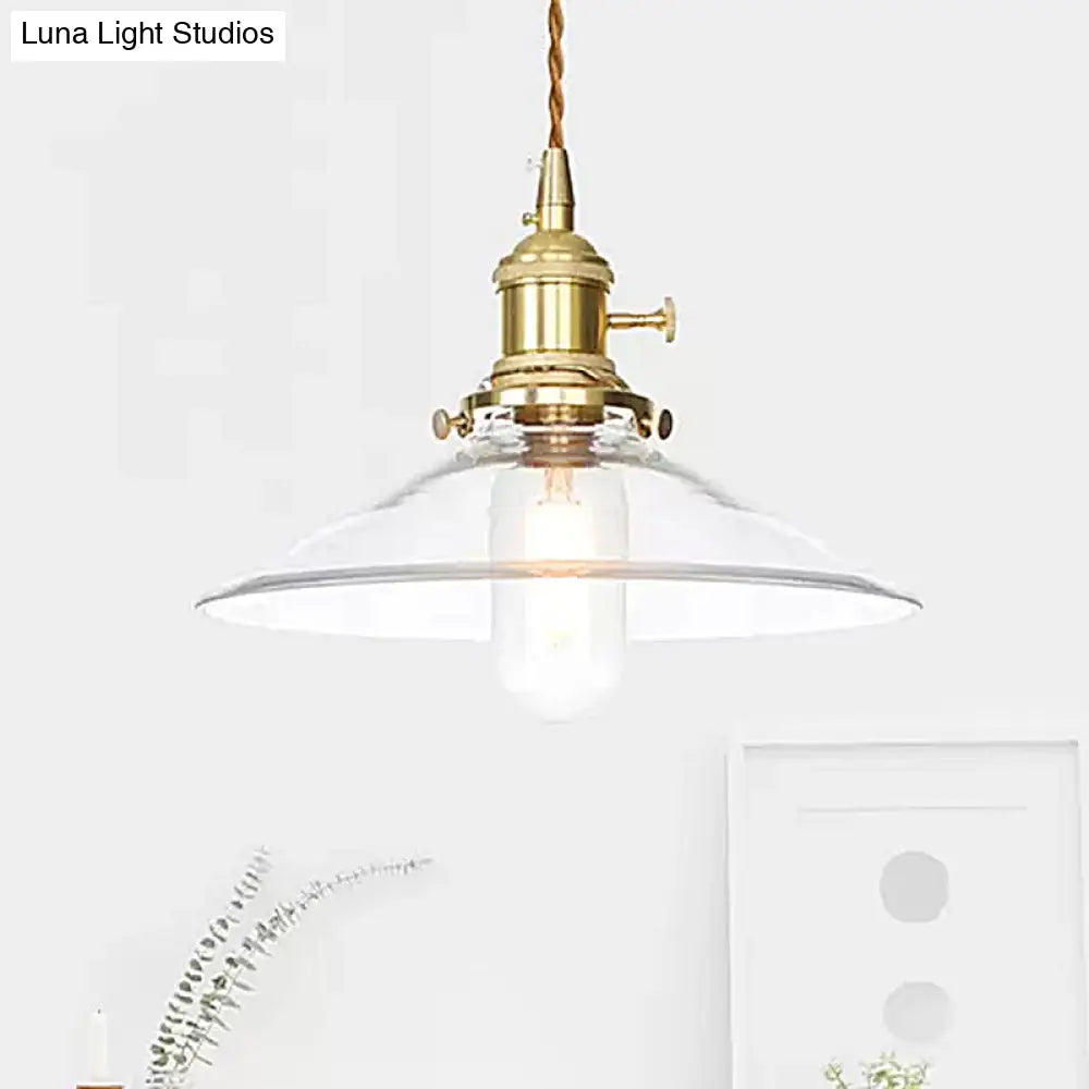 Industrial Clear Glass Saucer/Dome/Prismatic Brass Ceiling Pendant Light For Living Room