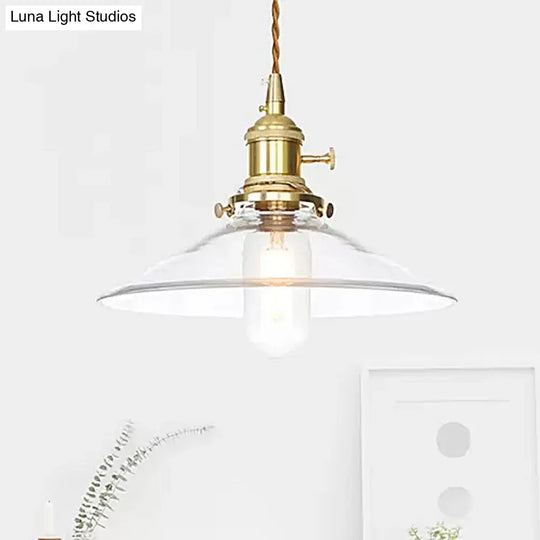 Industrial Clear Glass Saucer/Dome/Prismatic Brass Ceiling Pendant Light For Living Room