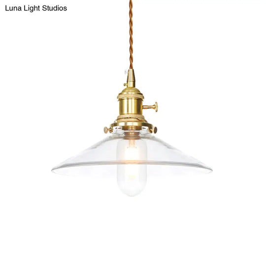 Industrial Clear Glass Saucer/Dome/Prismatic Brass Ceiling Pendant Light For Living Room