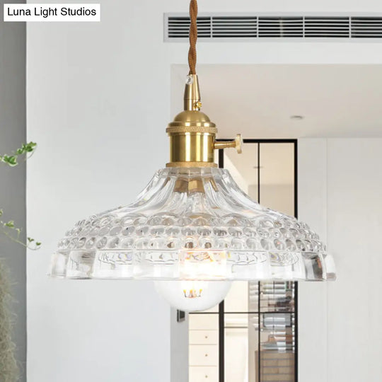 Industrial Clear Glass Saucer/Dome/Prismatic Brass Ceiling Pendant Light For Living Room