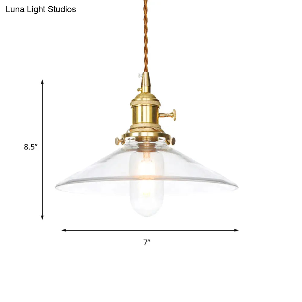 Industrial Clear Glass Saucer/Dome/Prismatic Brass Ceiling Pendant Light For Living Room