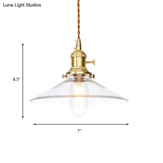 Industrial Clear Glass Saucer/Dome/Prismatic Brass Ceiling Pendant Light For Living Room