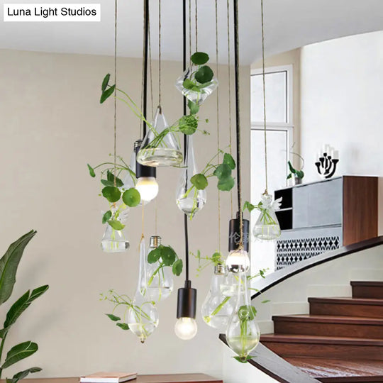 Industrial Clear Glass Teardrop Pendant With Green 3-Light Planter Cluster - Ceiling Fixture Open