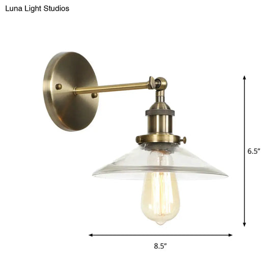 Industrial Clear Glass Wall Light With Brass Cone/Bell Swivel Shade - Single Dining Room Mount