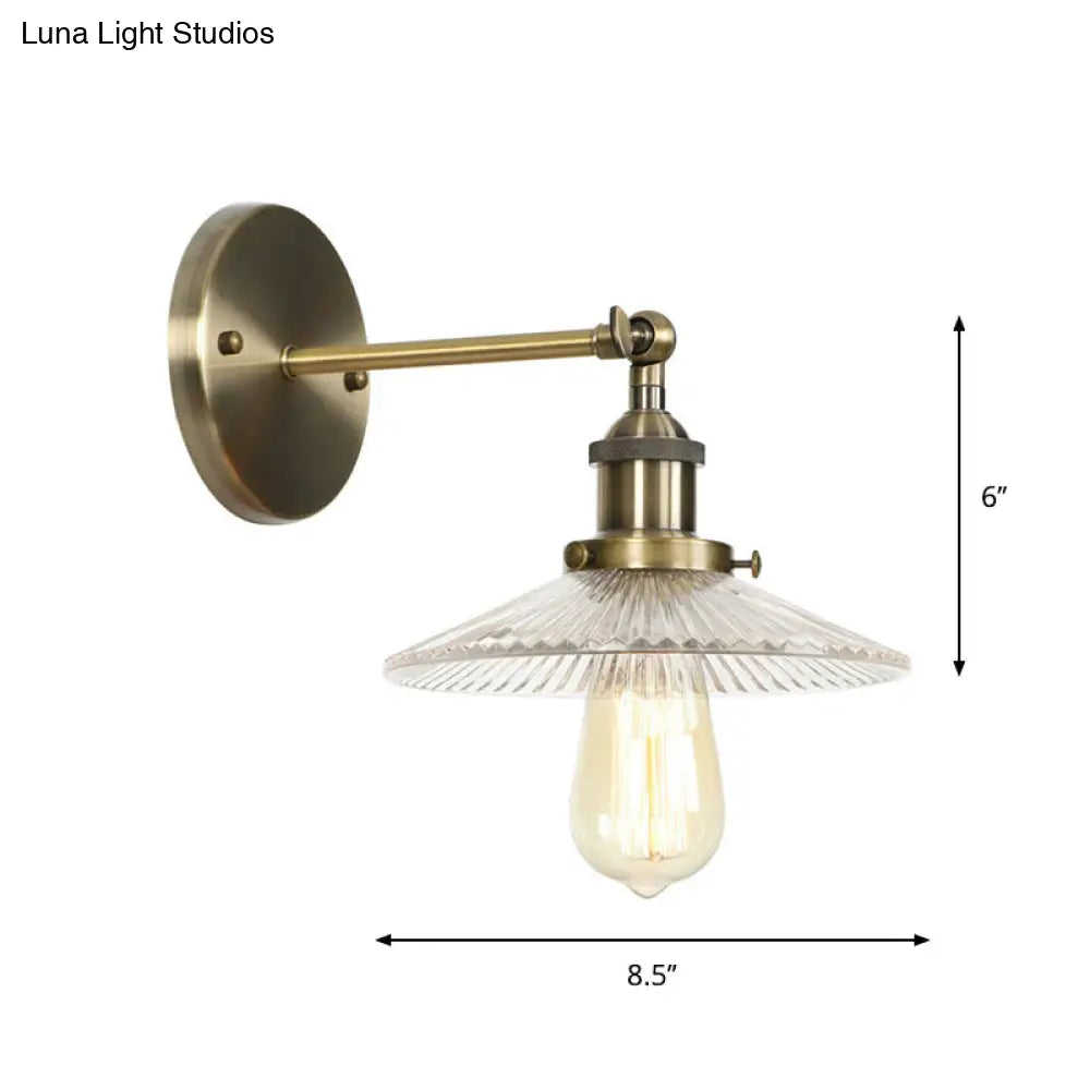 Industrial Clear Glass Wall Light With Brass Cone/Bell Swivel Shade - Single Dining Room Mount